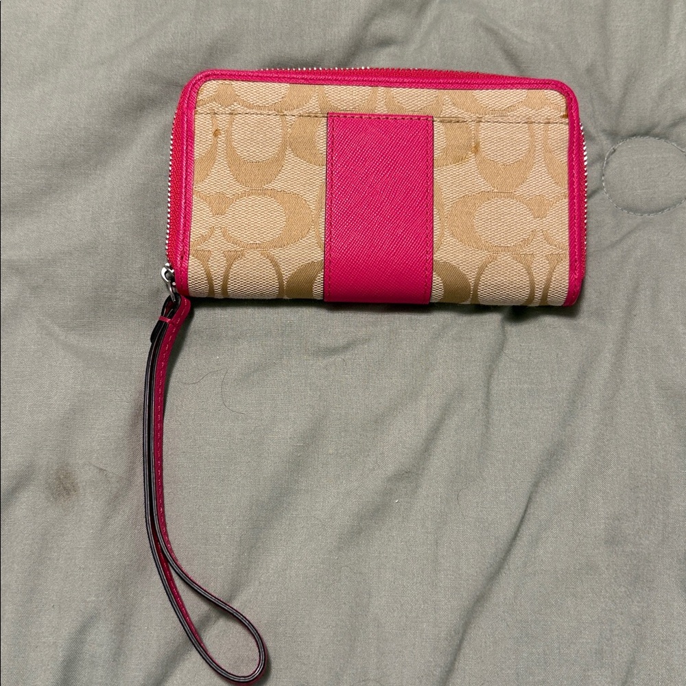 Coach Tan Canvas Wallet with Hot Pink Trim and Wrist Strap - Picture 2 of 3